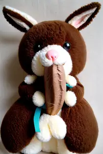 brown and white stuffed rabbit sucking his cock