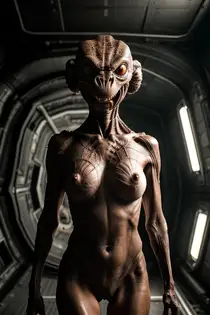 a naked woman in a spaceship with big eyes and an alien head