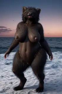 sexy bear-human with a big, hairy chest stands by the ocean