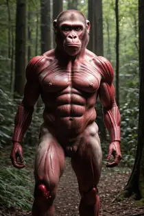 a trans-monkey with muscles on his body walking in the woods
