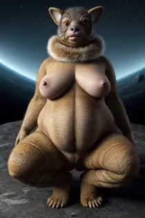 a naked ugly woman with large breasts sitting in front of a space station