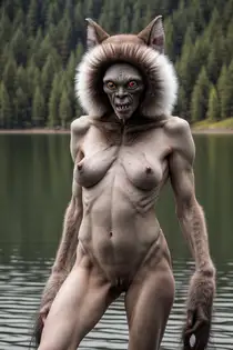 a naked alien-woman posing in front of a lake