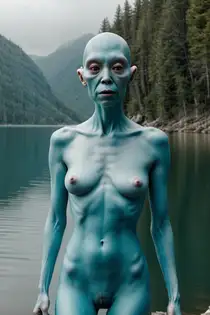 an alien woman a blue body standing next to the water