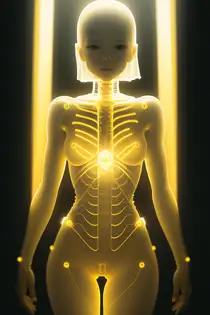 a digital illustration of a nude female-cyborg with glowing body