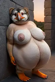 a cartoonish pinguin that has some sort of large body and big boobs