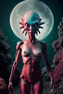 nude hot alien with a large head, standing in front of red and black plants