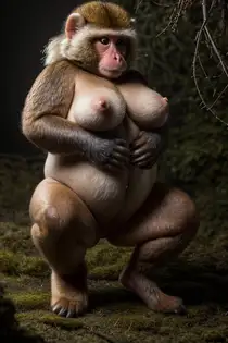 a monkey with a big breast standing in the forest