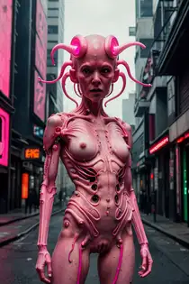 alien sexy woman with pink skinned body, with neon horns and tentacles