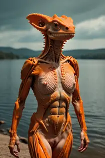 a naked reptilian alien-woman wearing an orange suit standing near a body of water