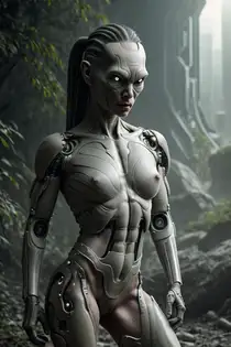cyber nude woman in metal armor poses next to trees