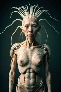an images of an nude cyborg sexy woman with her arms out