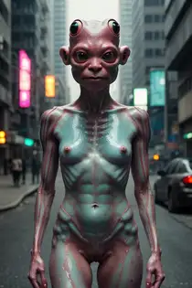 a very strange sexy nude alien-woman in the street